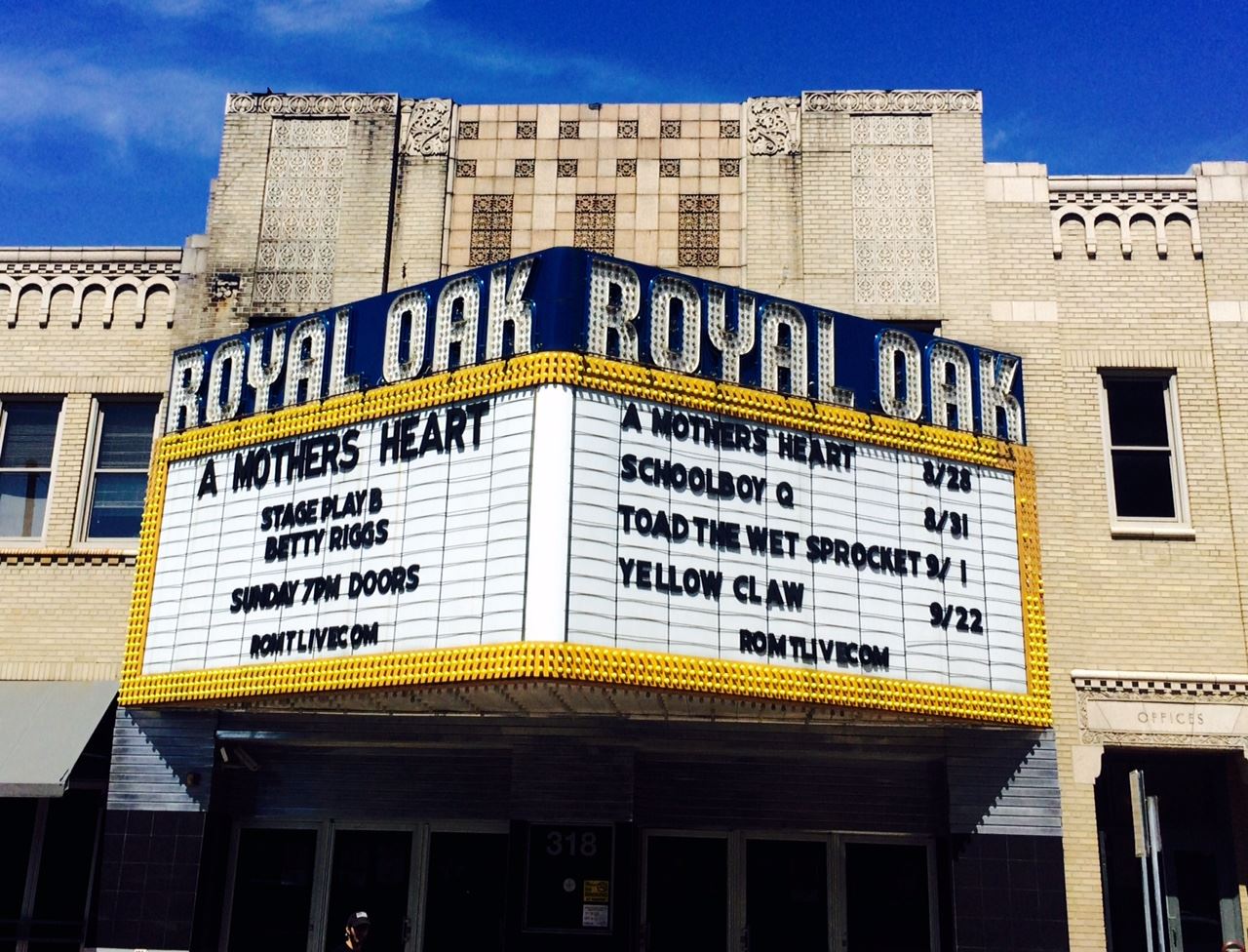 Image of the Royal Oak Music Theatre marquee on a sunny day.