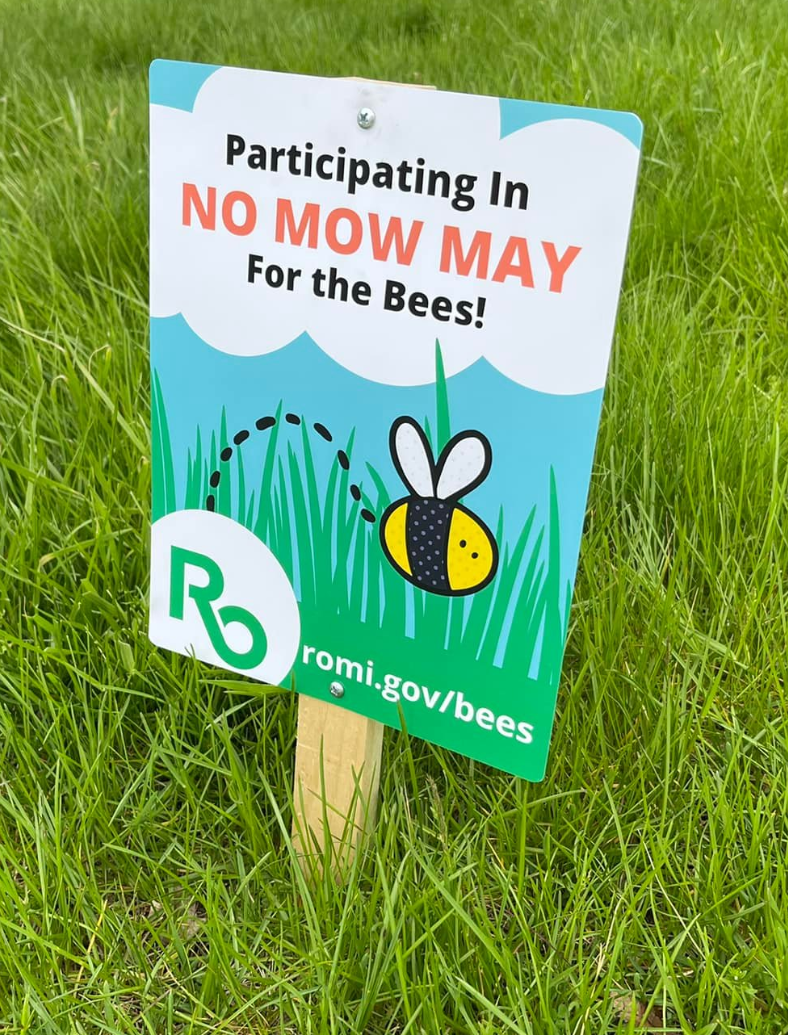 No Mow May sign on lawn. Sign reads Participating in No Mow May for the Bees!