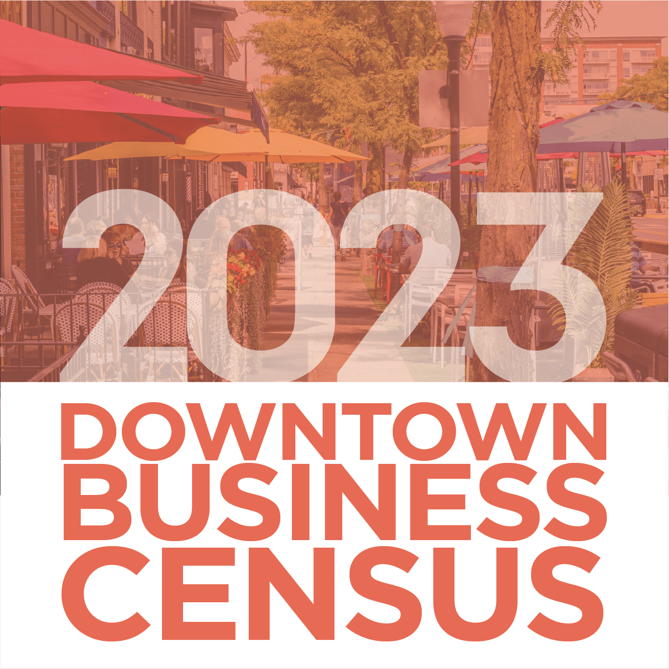 Orange filtered image of downtown sidewalk cafe with words 