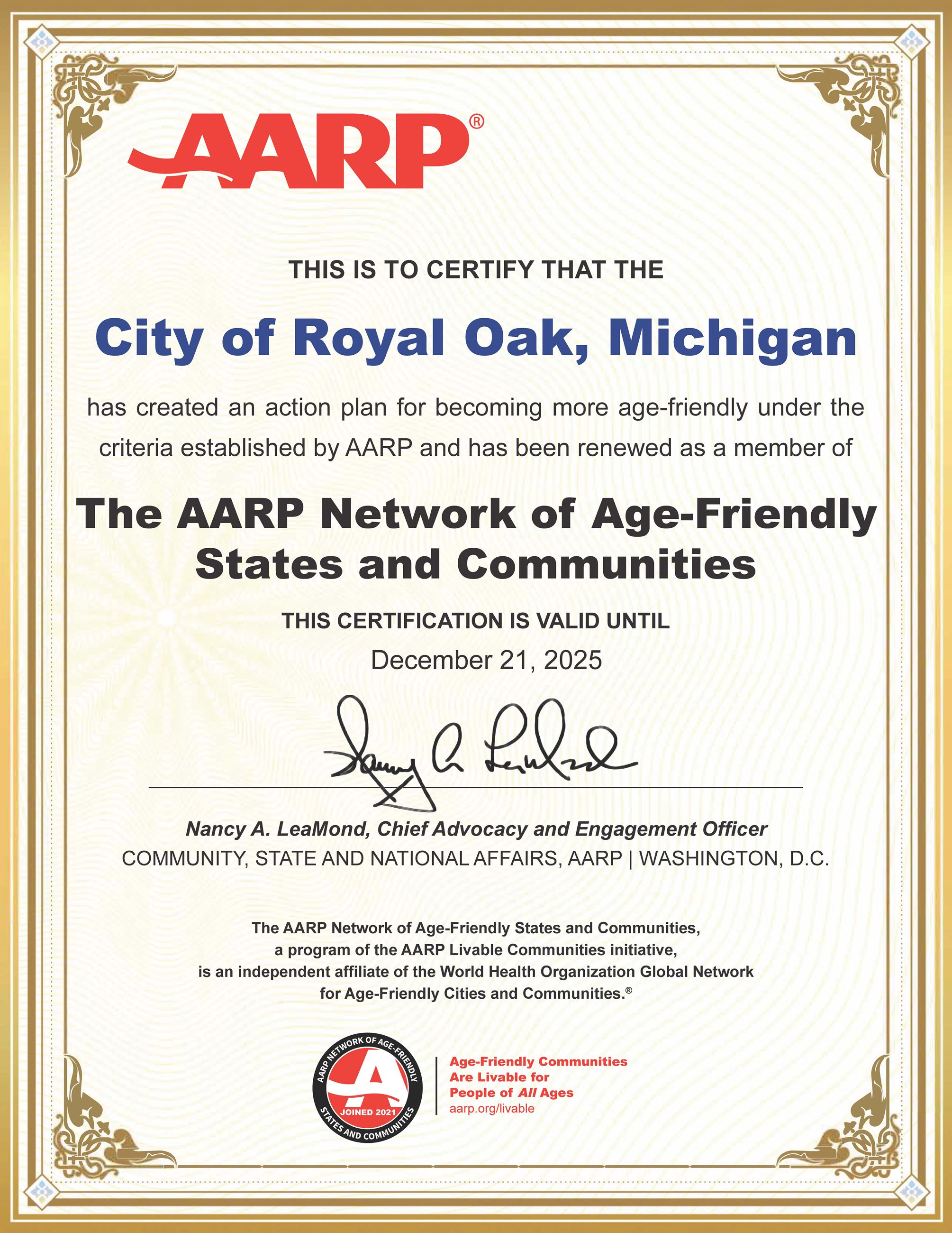 AARP certificate showing Royal Oak is a livable community and a part of the Age Friendly Network.