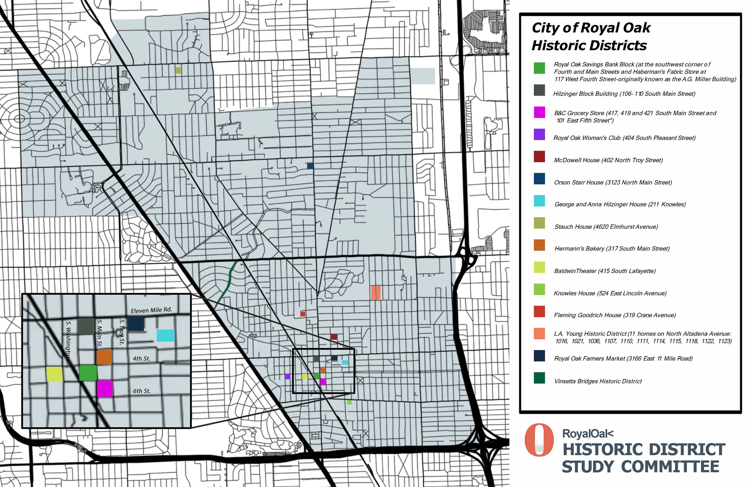 2024Royal Oak Historic Districts Map w Links to Reports